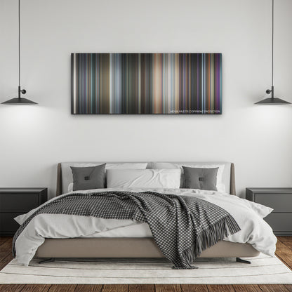 The Marvels color palette canvas above a bed, between two black pendant lamps