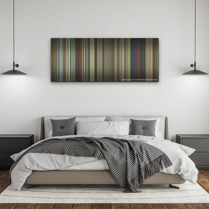 A Good Person color palette canvas above a bed, between two black pendant lamps