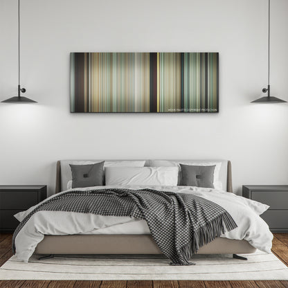Fall color palette canvas above a bed, between two black pendant lamps