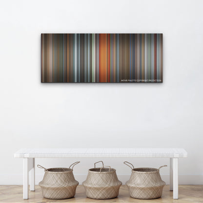 The Man from Toronto color palette canvas above a white bench with three woven baskets