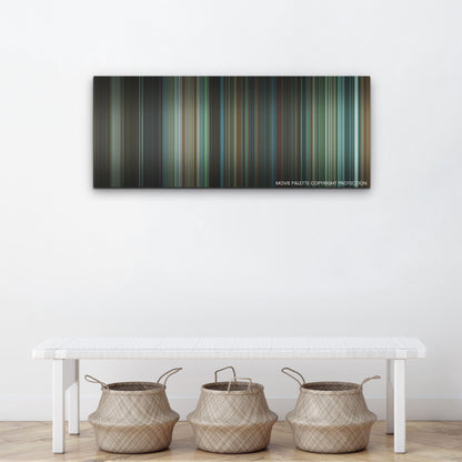 Infinite color palette canvas above a white bench with three woven baskets