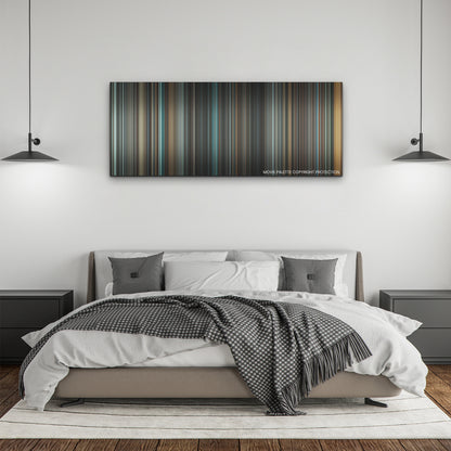 Zack Snyder's Justice League color palette canvas above a bed, between two black pendant lamps