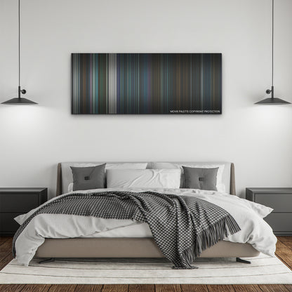 Kate color palette canvas above a bed, between two black pendant lamps