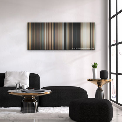 Finch color palette canvas above a black sofa with a gold-topped table