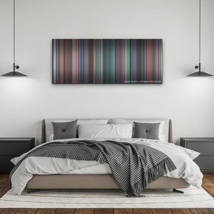 Spirited color palette canvas above a bed, between two black pendant lamps