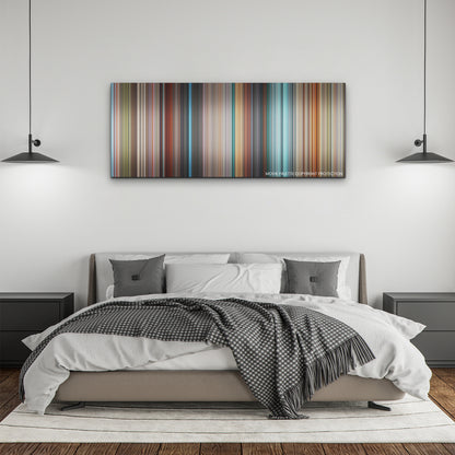 DC League of Super-Pets color palette canvas above a bed, between two black pendant lamps