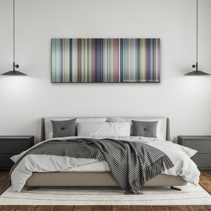 Suzume color palette canvas above a bed, between two black pendant lamps