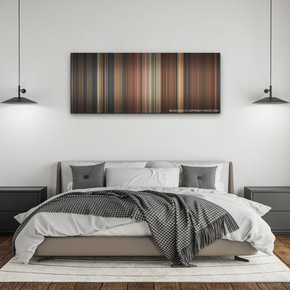 Terrifier 3 color palette canvas above a bed, between two black pendant lamps