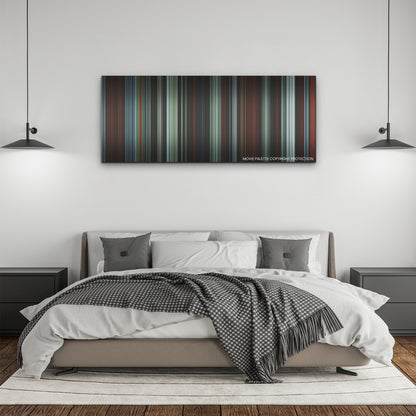 The Northman color palette canvas above a bed, between two black pendant lamps