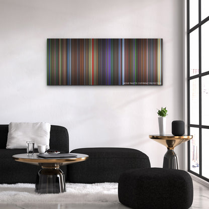 Teenage Mutant Ninja Turtles: Mutant Mayhem color palette canvas above a black sofa with a gold-topped table