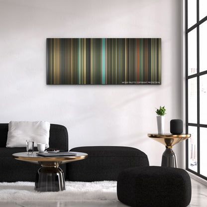 The Iron Claw color palette canvas above a black sofa with a gold-topped table