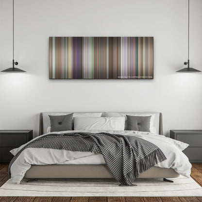 Joy Ride color palette canvas above a bed, between two black pendant lamps