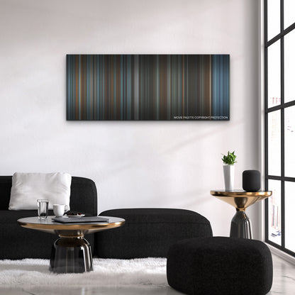 The Last Duel color palette canvas above a black sofa with a gold-topped table
