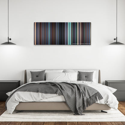 The Sum of All Fears color palette canvas above a bed, between two black pendant lamps