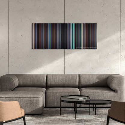 The Sum of All Fears color palette canvas on a concrete wall above a gray sectional sofa