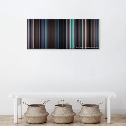 The Sum of All Fears color palette canvas above a white bench with three woven baskets