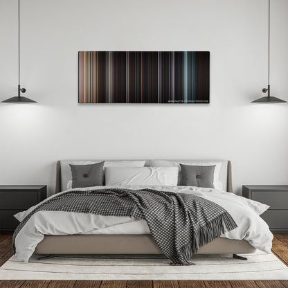 The Cabin in the Woods color palette canvas above a bed, between two black pendant lamps