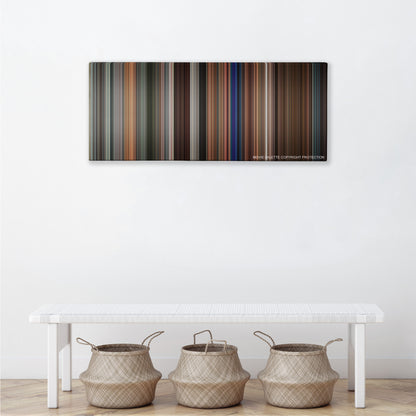 Rush Hour 3 color palette canvas above a white bench with three woven baskets