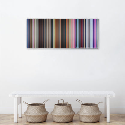 Big Hero 6 color palette canvas above a white bench with three woven baskets