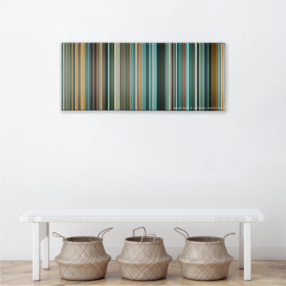 Layer Cake color palette canvas above a white bench with three woven baskets