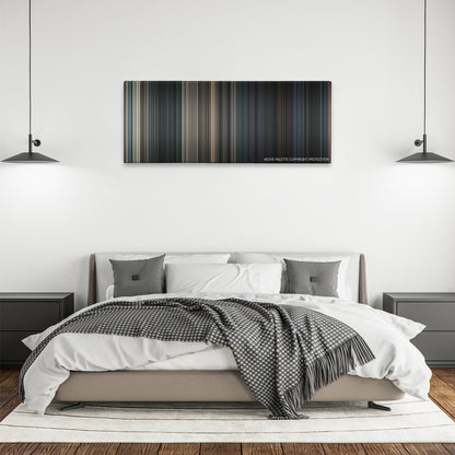 The Commuter color palette canvas above a bed, between two black pendant lamps