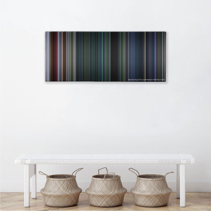 Jurassic Park III color palette canvas above a white bench with three woven baskets