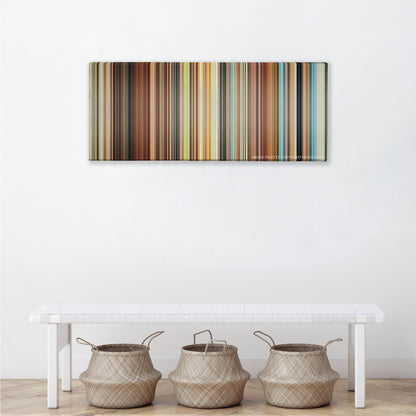 Spirited Away color palette canvas above a white bench with three woven baskets