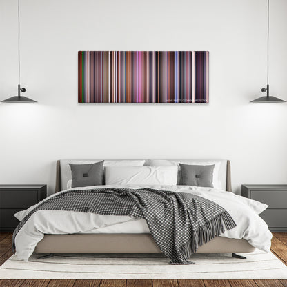 The Manchurian Candidate color palette canvas above a bed, between two black pendant lamps