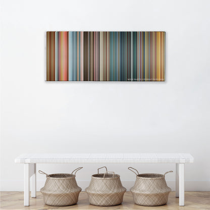 Hard Candy color palette canvas above a white bench with three woven baskets