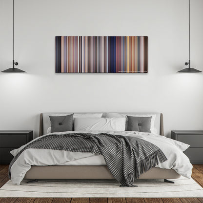 A Clockwork Orange color palette canvas above a bed, between two black pendant lamps