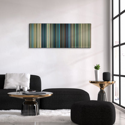 Transformers color palette canvas above a black sofa with a gold-topped table