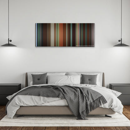 Garden State color palette canvas above a bed, between two black pendant lamps