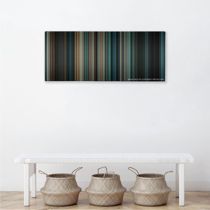 Super 8 color palette canvas above a white bench with three woven baskets