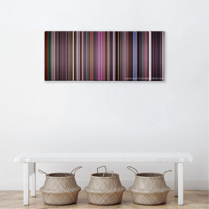 The Manchurian Candidate color palette canvas above a white bench with three woven baskets