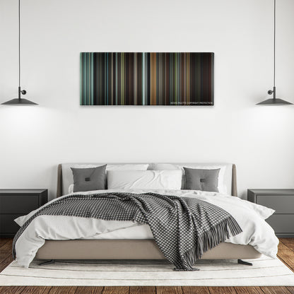 Hannibal Rising color palette canvas above a bed, between two black pendant lamps
