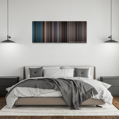 Kingdom of Heaven color palette canvas above a bed, between two black pendant lamps