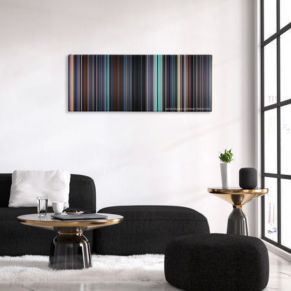 The Sum of All Fears color palette canvas above a black sofa with a gold-topped table