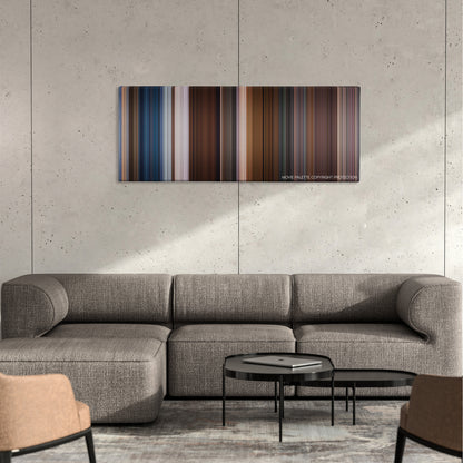 Murder Mystery color palette canvas on a concrete wall above a gray sectional sofa