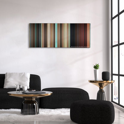 Couples Retreat color palette canvas above a black sofa with a gold-topped table
