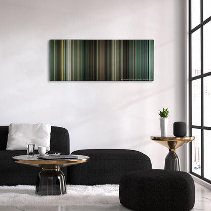 Children of Men color palette canvas above a black sofa with a gold-topped table