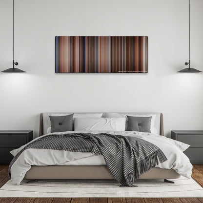 The Big Lebowski color palette canvas above a bed, between two black pendant lamps