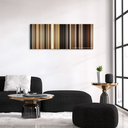 Safe Haven color palette canvas above a black sofa with a gold-topped table