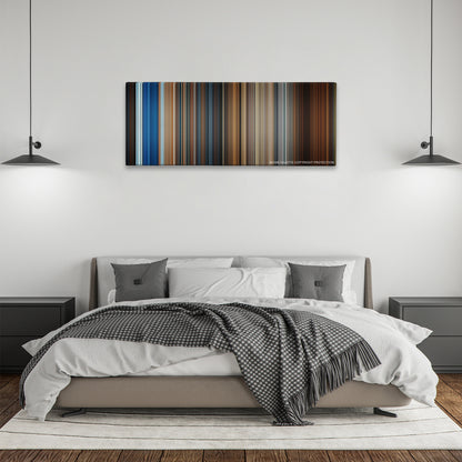 National Treasure color palette canvas above a bed, between two black pendant lamps