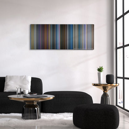 Pokemon Detective Pikachu color palette canvas above a black sofa with a gold-topped table