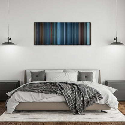 TRON: Legacy color palette canvas above a bed, between two black pendant lamps