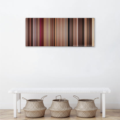 27 Dresses color palette canvas above a white bench with three woven baskets