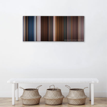 Murder Mystery color palette canvas above a white bench with three woven baskets