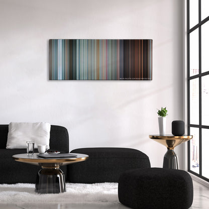 Shaun of the Dead color palette canvas above a black sofa with a gold-topped table