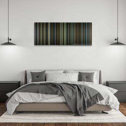 Gone Girl color palette canvas above a bed, between two black pendant lamps