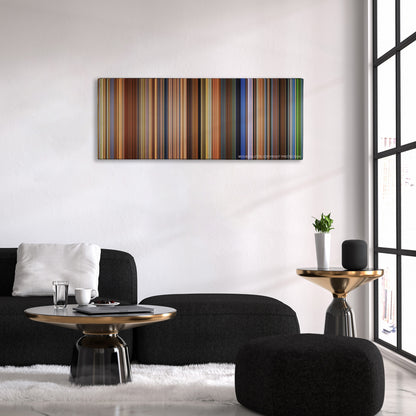 The Virgin Suicides color palette canvas above a black sofa with a gold-topped table